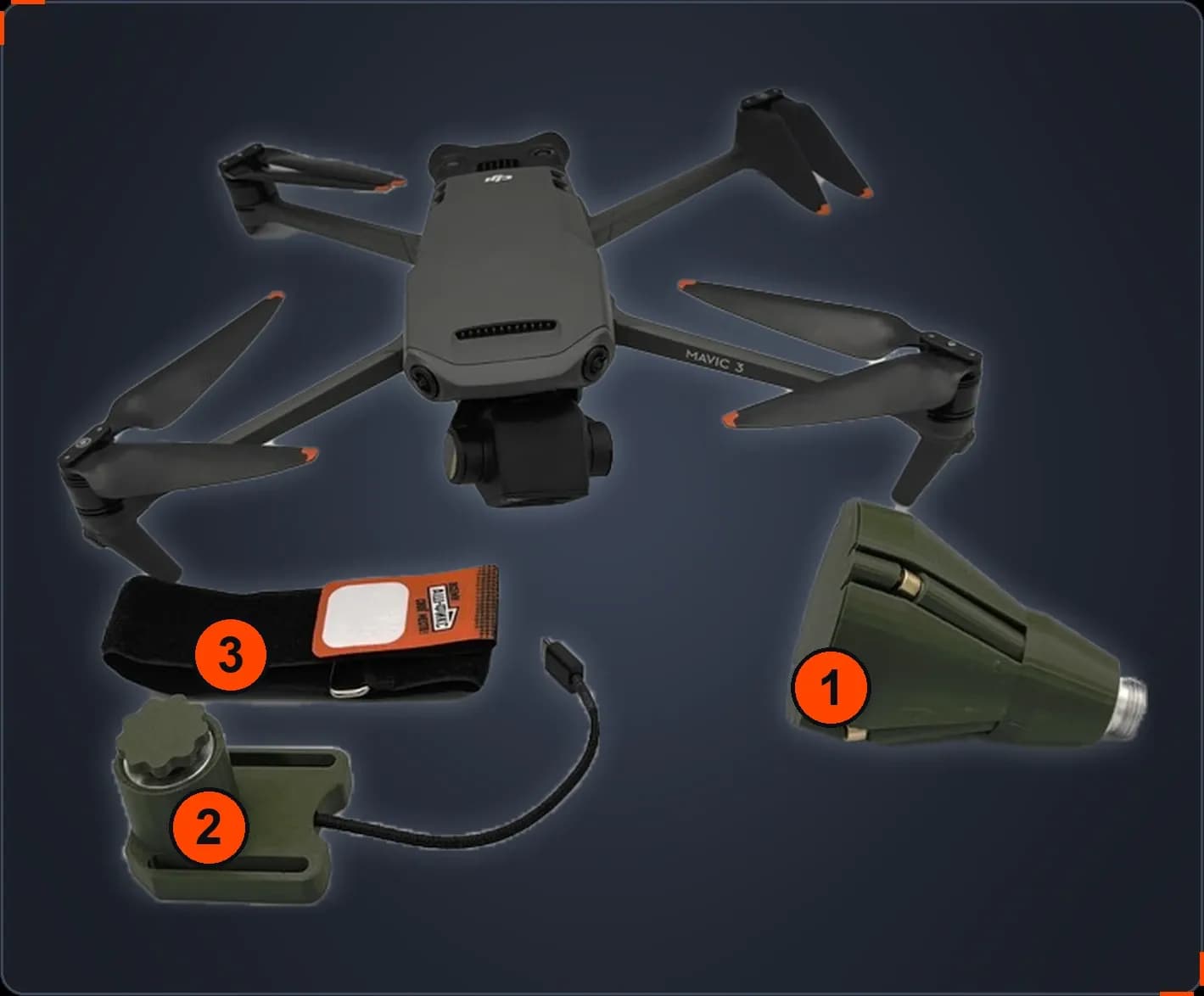 Сеткомёт для Mavic: 1 — картридж, 2 — пусковая установка, 3 — плата инициализации
